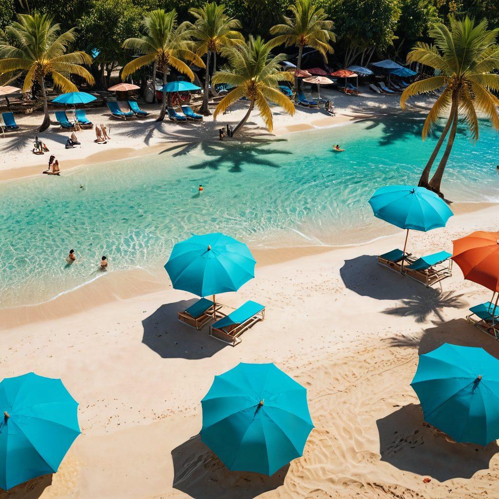 A vibrant beach scene showcasing an array of stylish swimwear including trendy bikinis and chic resort wear. Sunlight sparkles on the water as people enjoy a sunny day, with colorful umbrellas and palm trees in the background. The focus is on fashion and the joyful atmosphere of summer, capturing the essence of relaxation and fun by the sea. bright colors. super-realistic. 3D.
