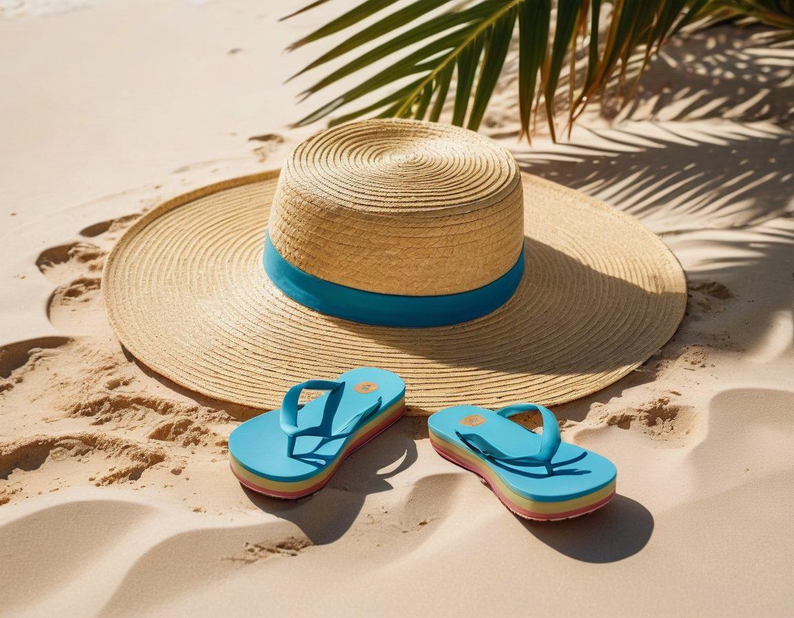 A picturesque beach scene featuring stylish beach accessories like colorful sunglasses, a trendy straw hat, a chic beach bag, and vibrant flip-flops scattered on the sand. Include a serene ocean backdrop with waves gently crashing, a blue sky, and a hint of palm trees for a tropical vibe. Create a sun-kissed aesthetic to evoke a sense of adventure and relaxation. super-realistic. vibrant colors. white background.